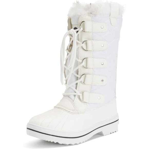 Women's White Polar Tall Nylon Waterproof Fur Lined Winter Warm Rain Boots